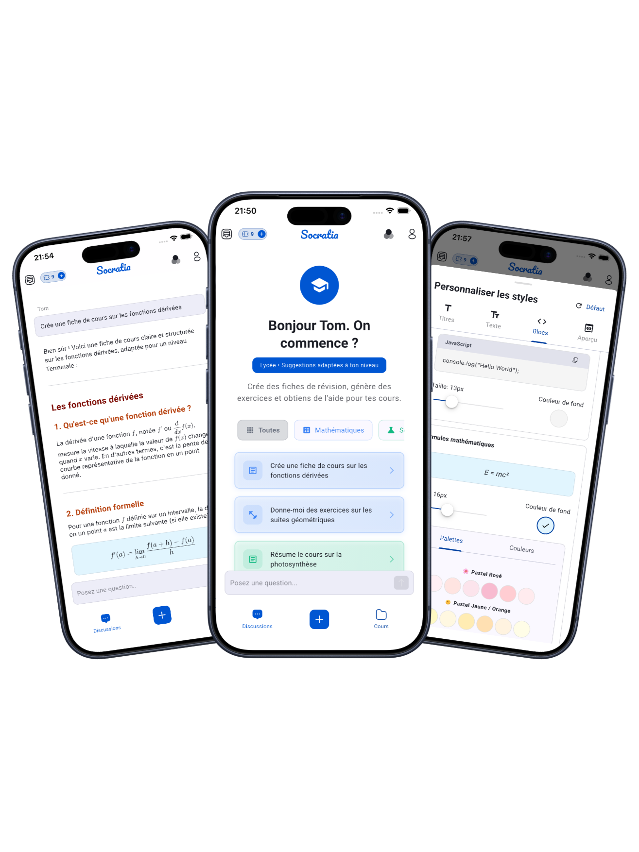 Socratia app - Chat IA, Fiches de cours, Éditeur